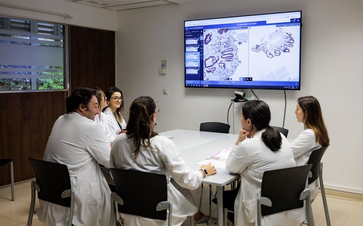 Un equip de professionals mèdics inspeccionant una mostra digitalitzada.