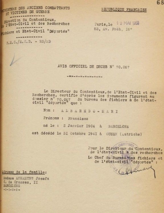 El document oficial de la mort d'un veí de Barcelona al camp de concentració de Gusen