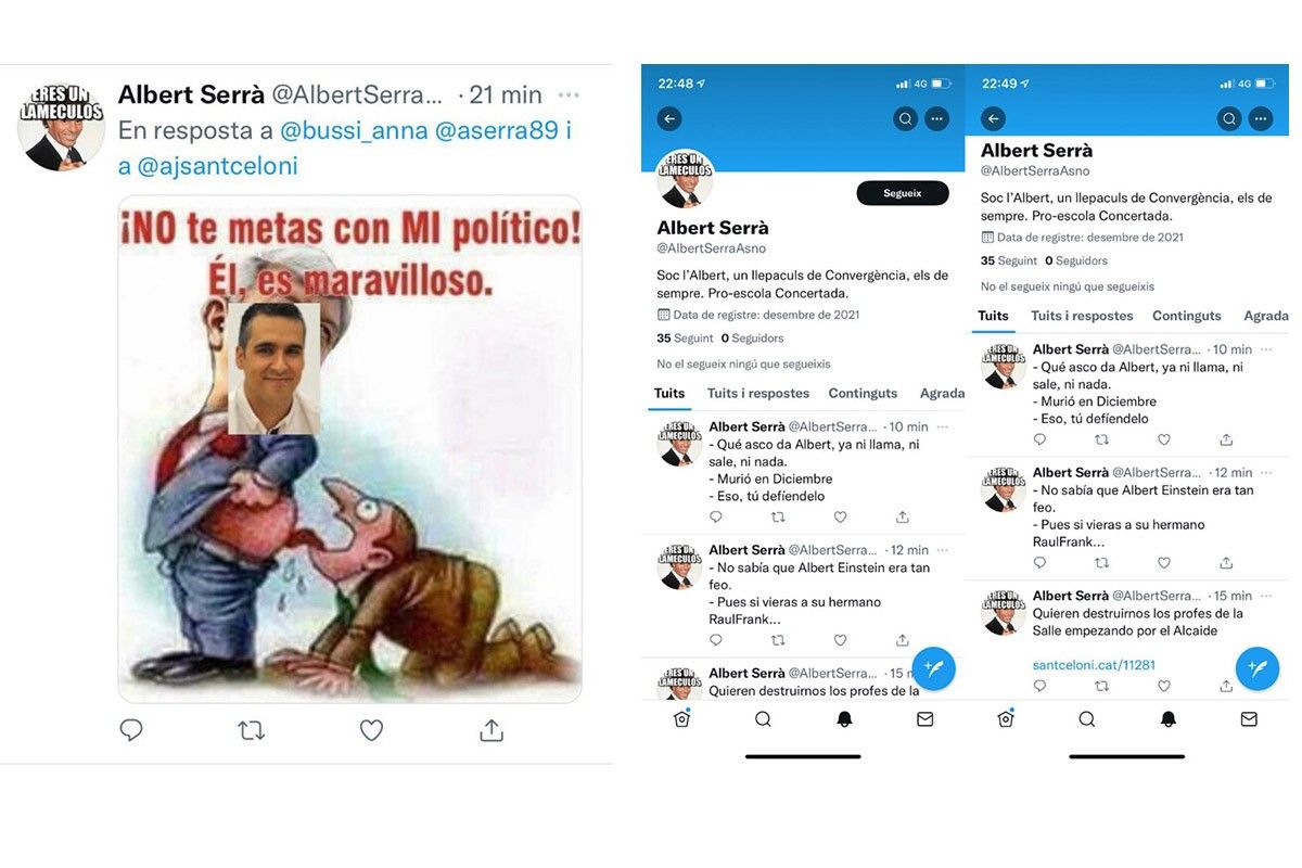 Captura del perfil fals de twitter que injúria Albert Serrà, coordinador de Junts de Sant Celoni i la Batllòria i l'alcalde Raül Garcia