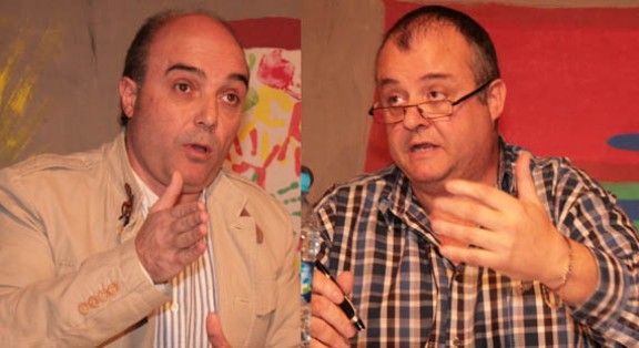 A l'esquerra, Josep Maria Bagot, alcalde de Riells i Viabrea i el convergent Josep Manel Tarrida, a la dreta discrepen pel POUM 