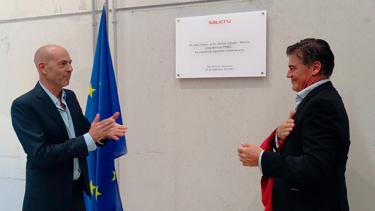 Eduard Salicrú i Antoni Cañete en la inauguració de les noves instal·lacions de l'empresa Salicu a Santa Maria de Palautordera.