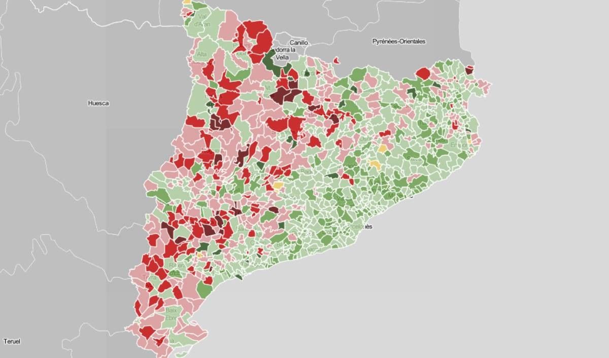 Mapa municipal de Catalunya, en funció de si perdrà o guanyarà població el 2033.