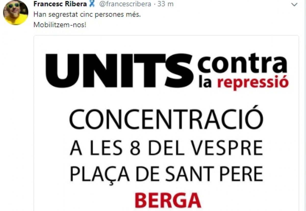 Tuit de Francesc Ribera, regidor de la CUP i segon tinent d'alcalde de Berga.