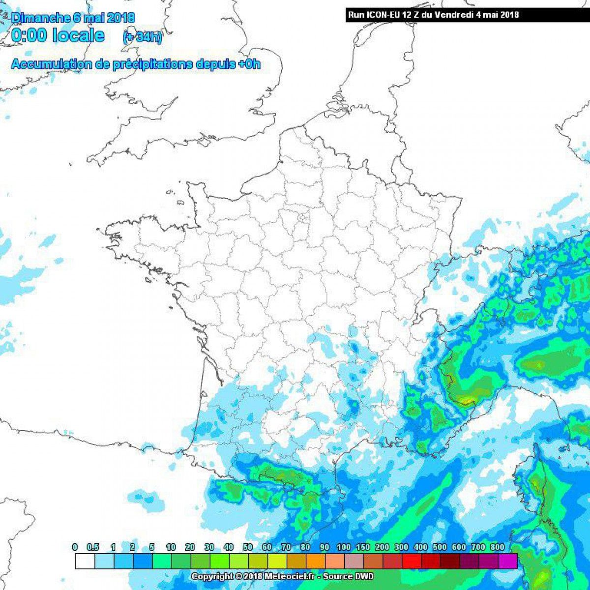 Mapa d'acumulació de pluja segons el model ICON