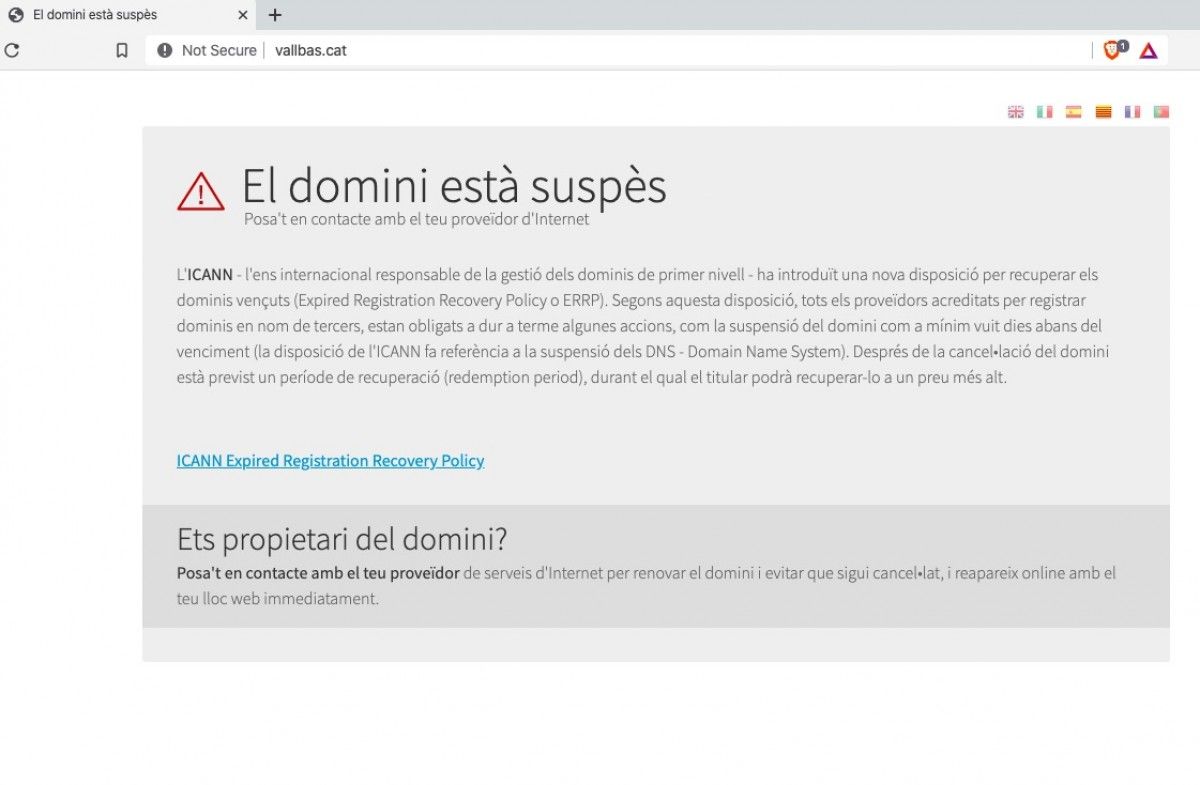L'avís de l'ICANN apareix al web municipal vallbas.cat.