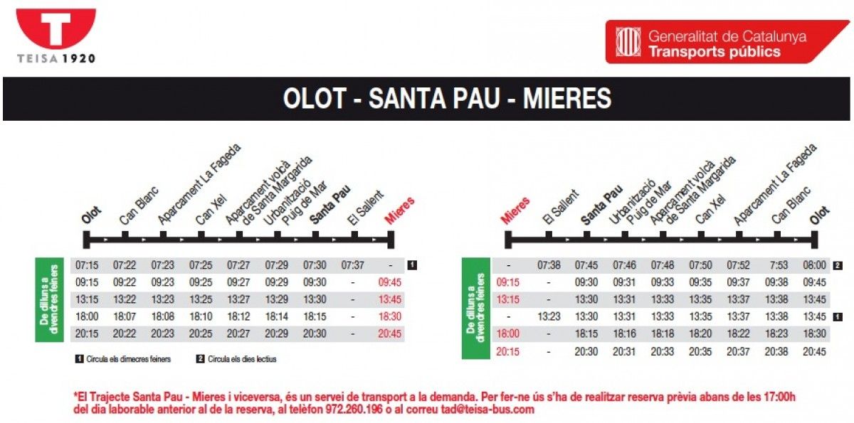 Ampliació de dies i horaris a la ruta Santa Pau-Mieres.