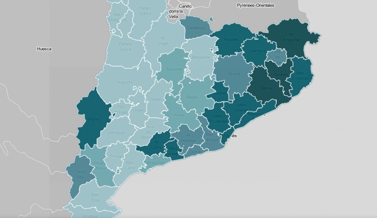 Mapa comarcal de Catalunya, segona la intensitat de la seguretat com a problemàtica.