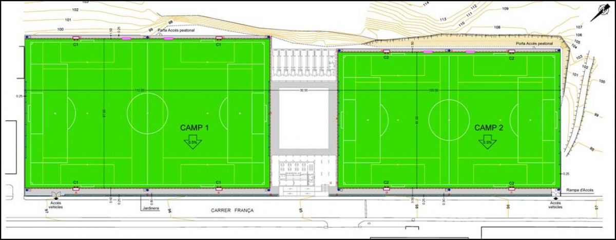 Distribució dels dos nous camps de futbol i l'edifici de vestidors, al Morrot