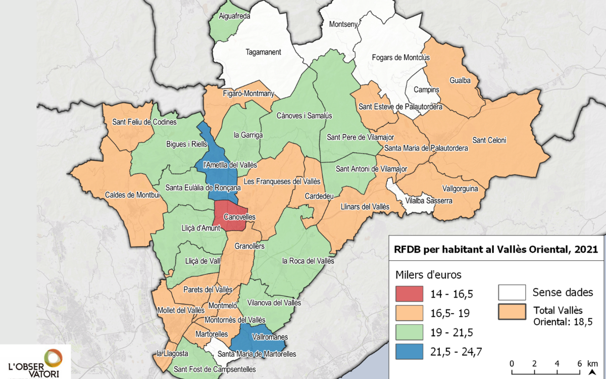 Mapa dels municipis amb l'índex de la Renda Familiar Disponible Bruta