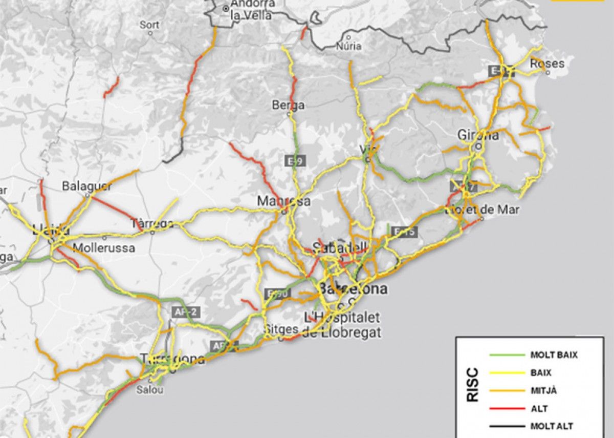 Mapa del risc d'accident a les carreteres catalanes 