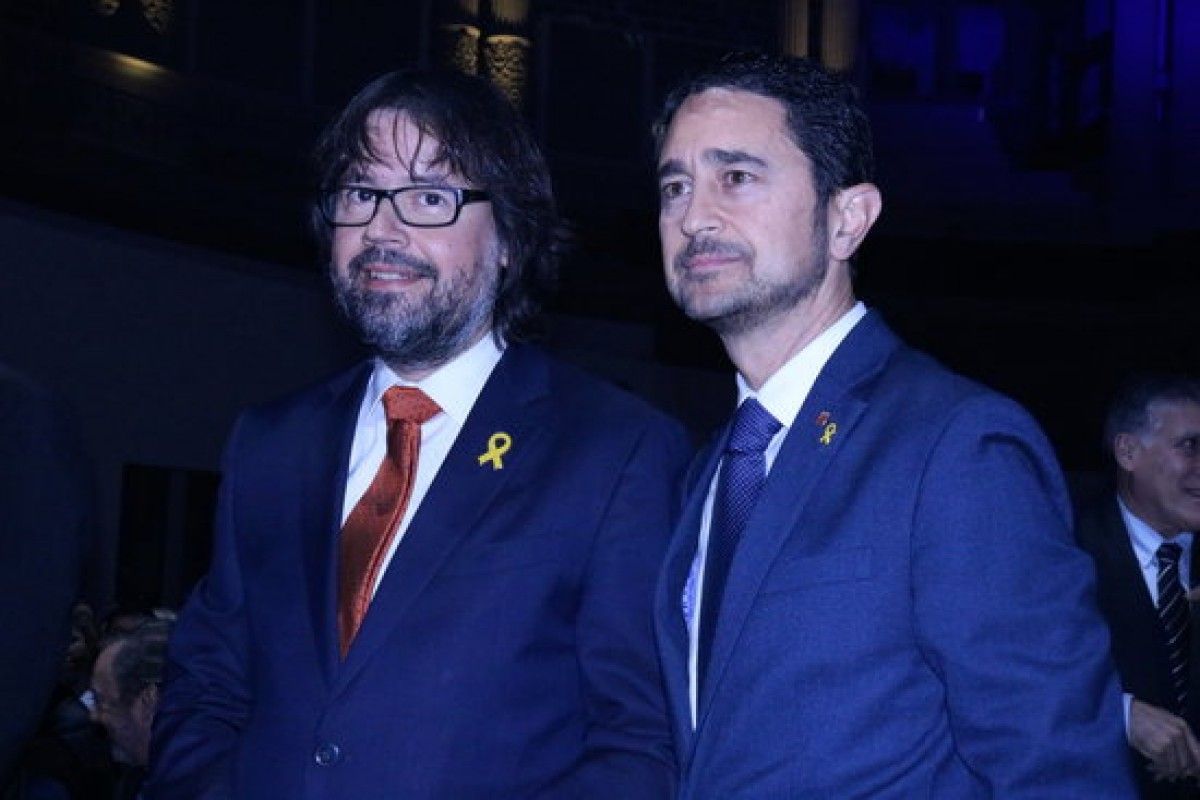 Damià Calvet i Ricard Font a l'acte d'homenatge dels treballadors d'FGC