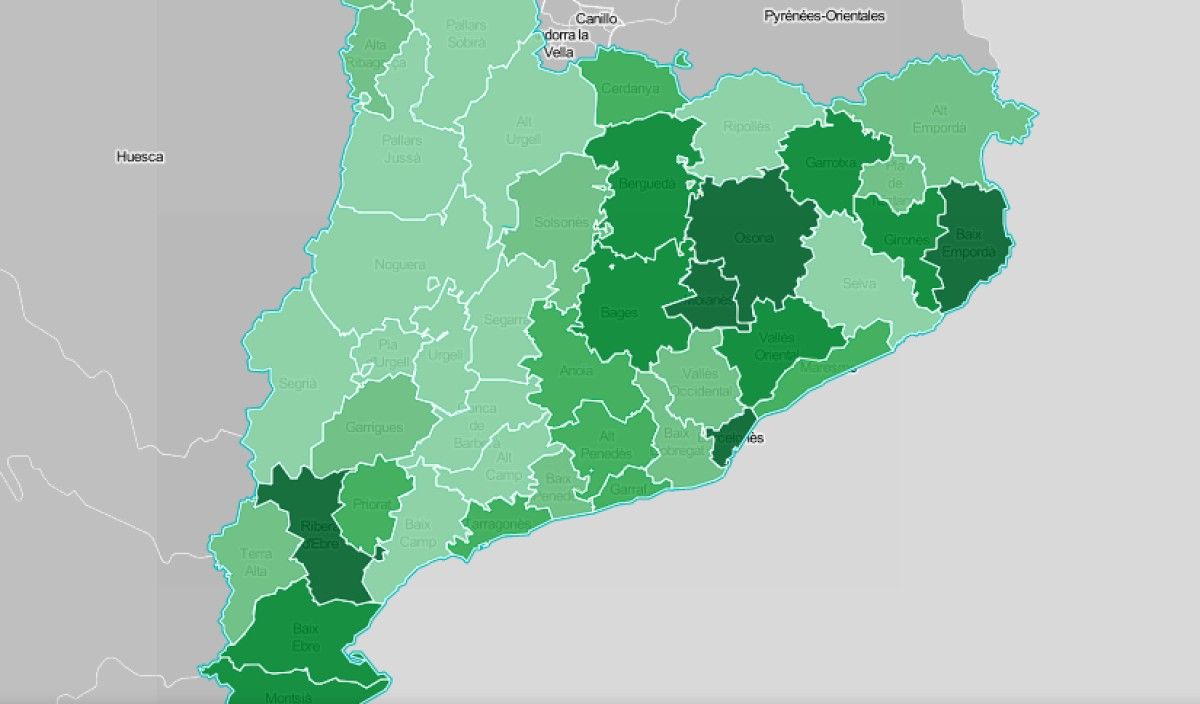 Mapa comarcal de Catalunya, segona la intensitat del medi ambient com a problemàtica.