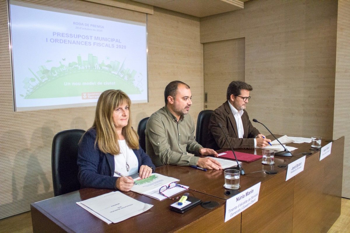 Jordi Ballart, Núria Marín i Isaac Albert a la roda de premsa de pressupostos i ordenances del 2020. 