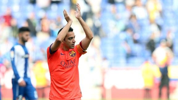 Xavi, en el darrer derbi contra l'Espanyol 