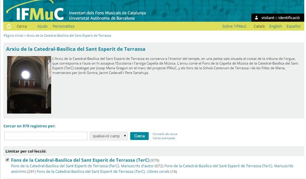 Captura de pantalla del web Inventari dels Fons Musicals de Catalunya 