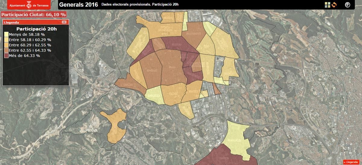 Mapa amb la participació segons els barris de Terrassa