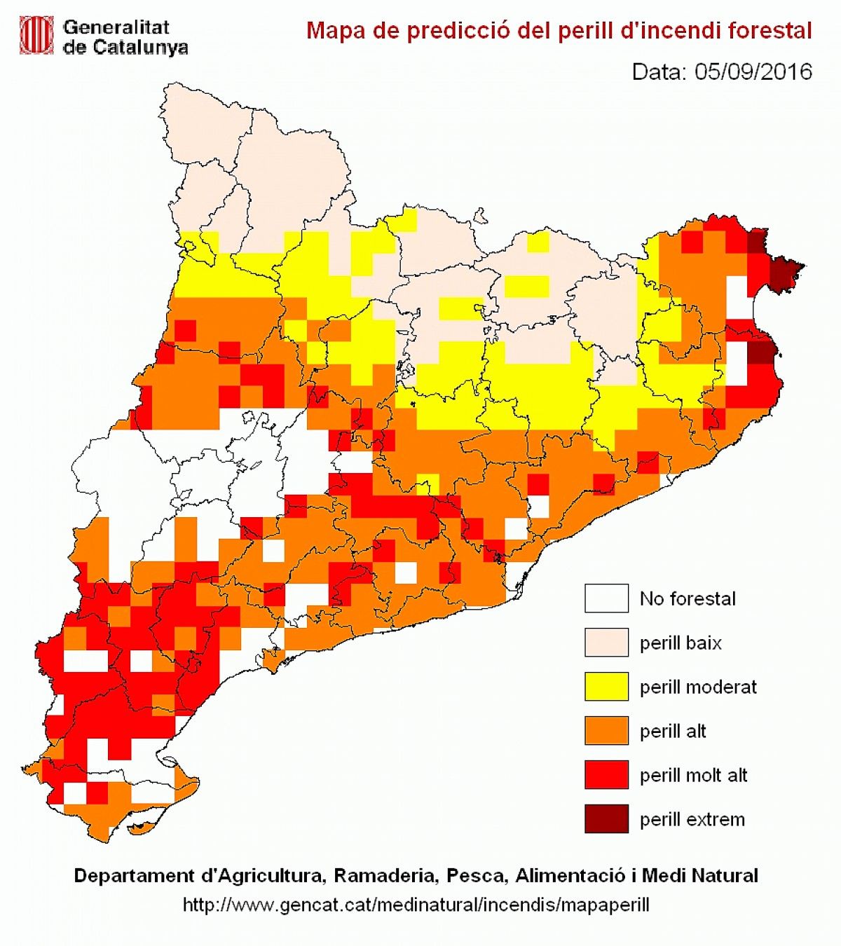 Mapa de predicció de perill d'incendi forestal.