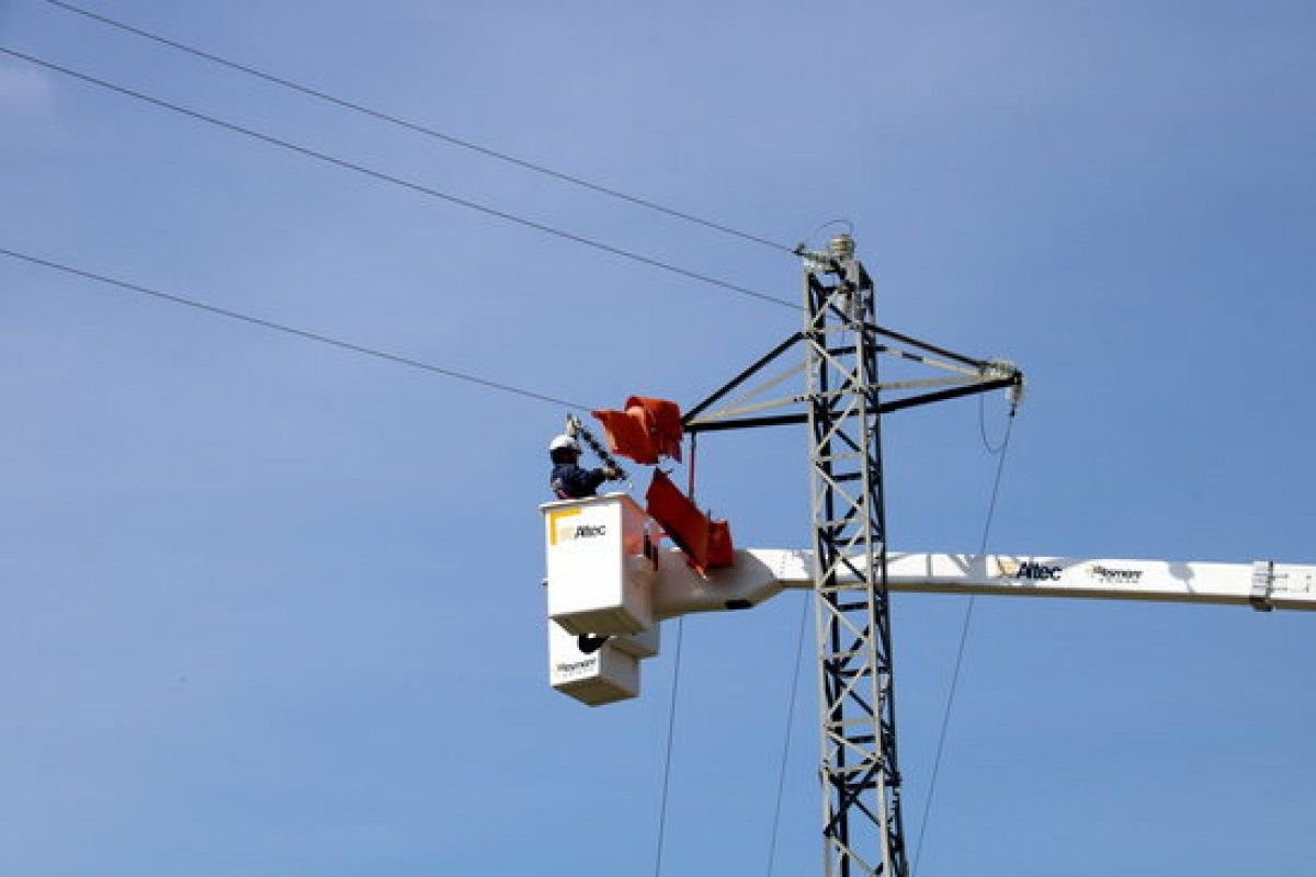 Operaris d'Endesa substitueixen elements d'una torre elèctrica de Gimenells per evitar que els ocells hi puguin xocar o electrocutar-se