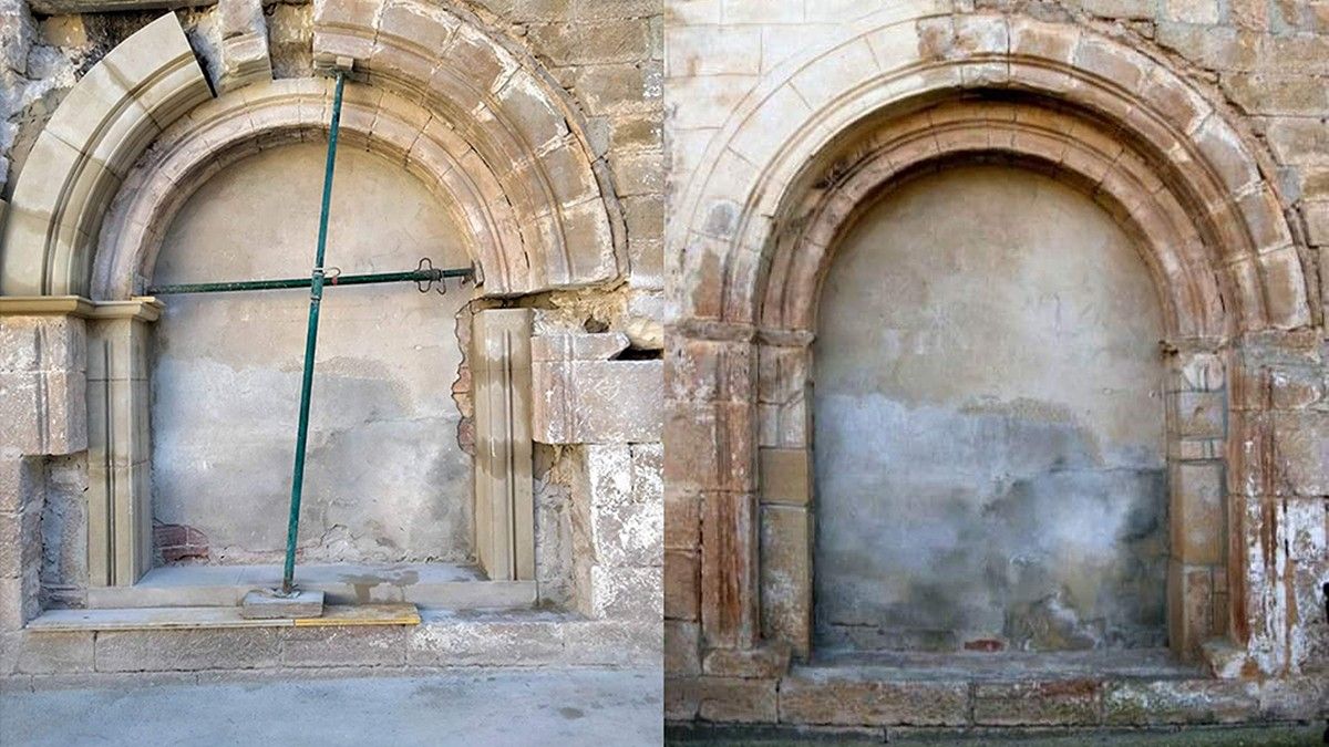 Comparativa de l'arc romànic de l'església de Bovera, a l'esquerra amb les obres que s'hi han començat a fer i a la dreta com estava abans d'aquestes.