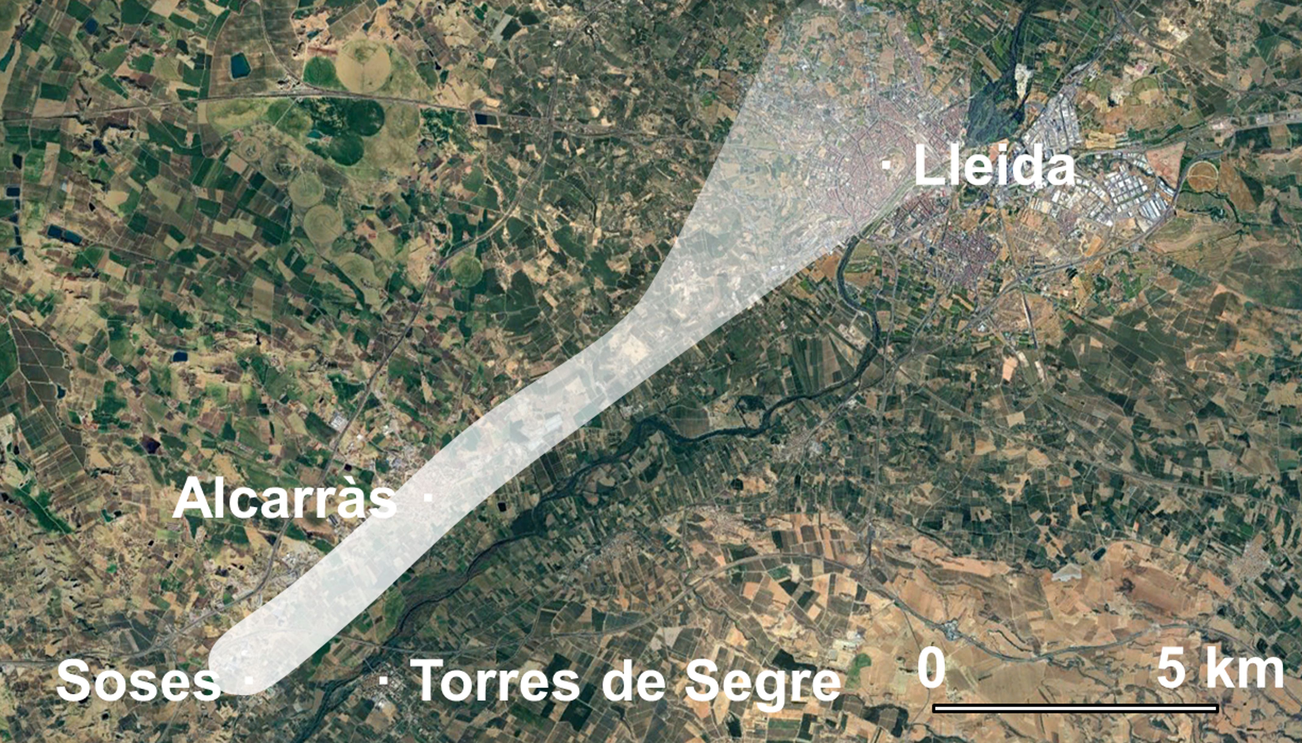 En blanc la zona afectada per l'escalfit al Segrià del 8 de juliol