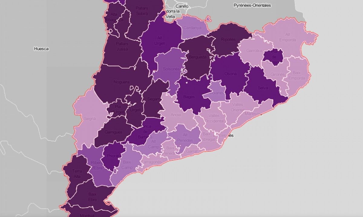 Mapa comarcal de Catalunya, segona la intensitat del despoblament com a problemàtica.