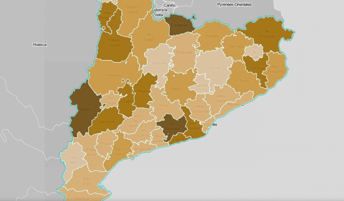 Mapa comarcal de Catalunya, segona la intensitat del petit comerç com a problemàtica.
