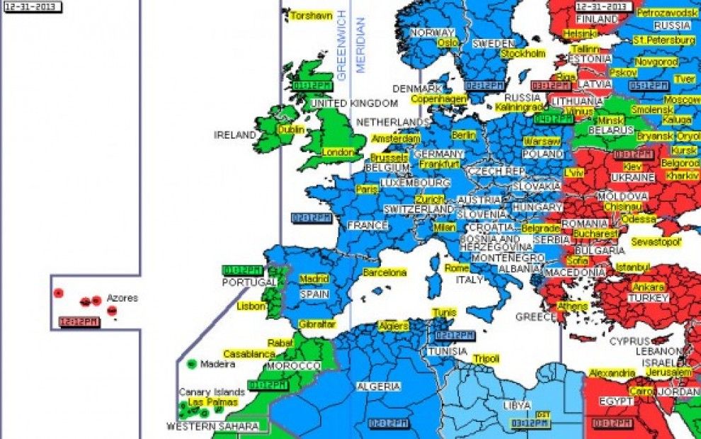 Les zones horàries a Europa van de UTC-2 a UTC+3.