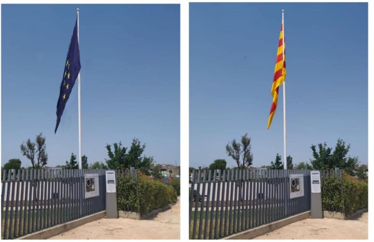 Imatge de l'abans i el després del lloc on hi havia les banderes