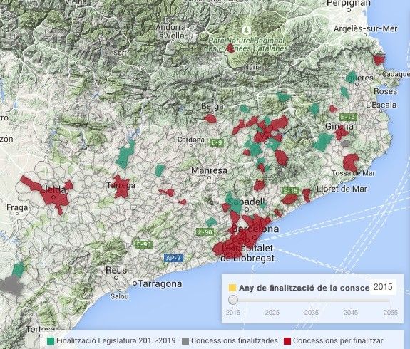 En aquest mapa d’Aigua és Vida es pot veure els municipis amb el servei d’aigua privatitzat dels quals es coneix la data de finalització del contracte.