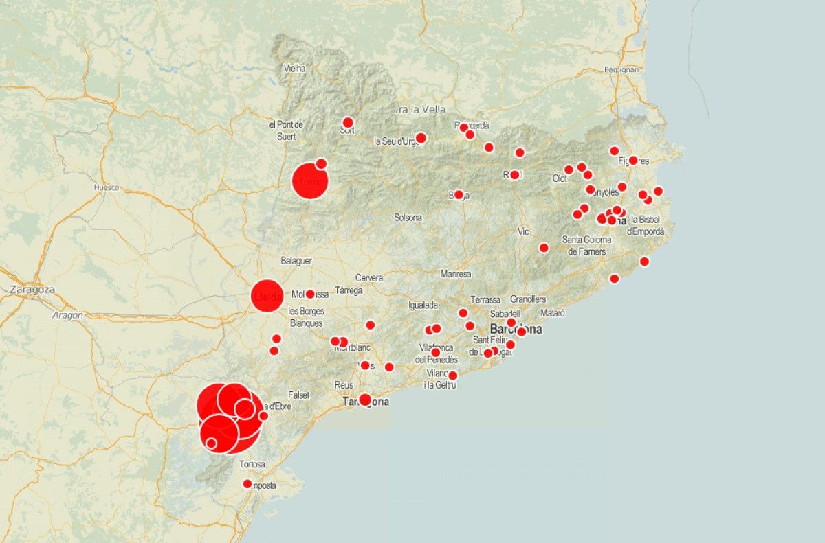 Mapa de Catalunya amb les fosses exhumades amb cossos enviats al Valle de los Caídos.