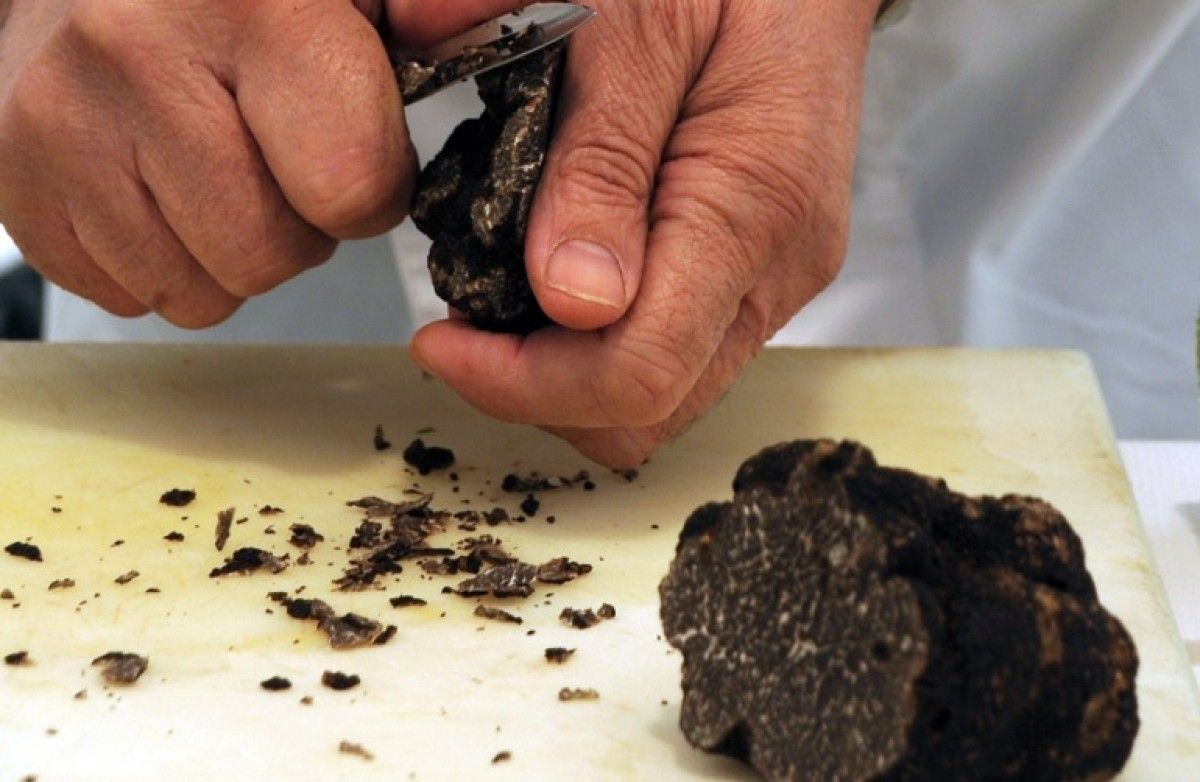 Un cuiner tallant trossos de tòfona.