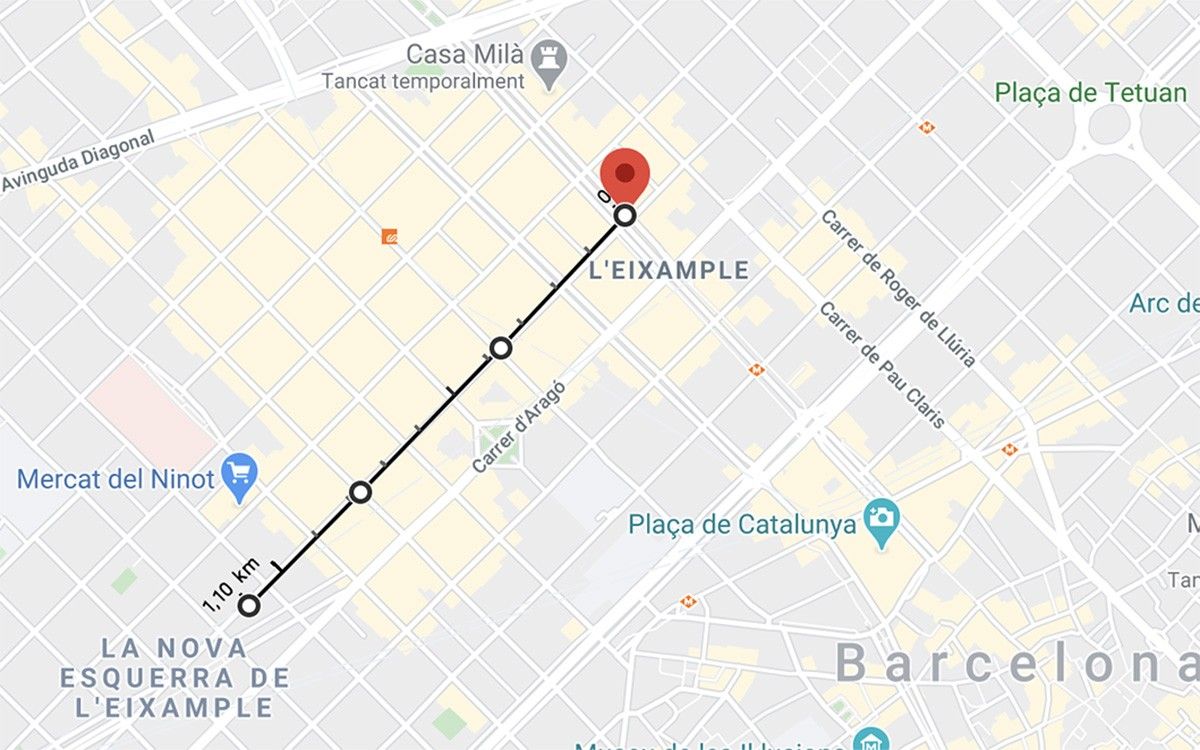 Mapa de Barcelona amb l'eina de Google Maps per mesurar la distància