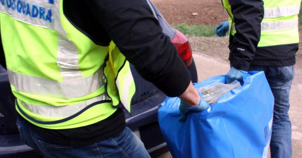 Agents dels Mossos d'Esquadra carreguen una bossa de marihuana