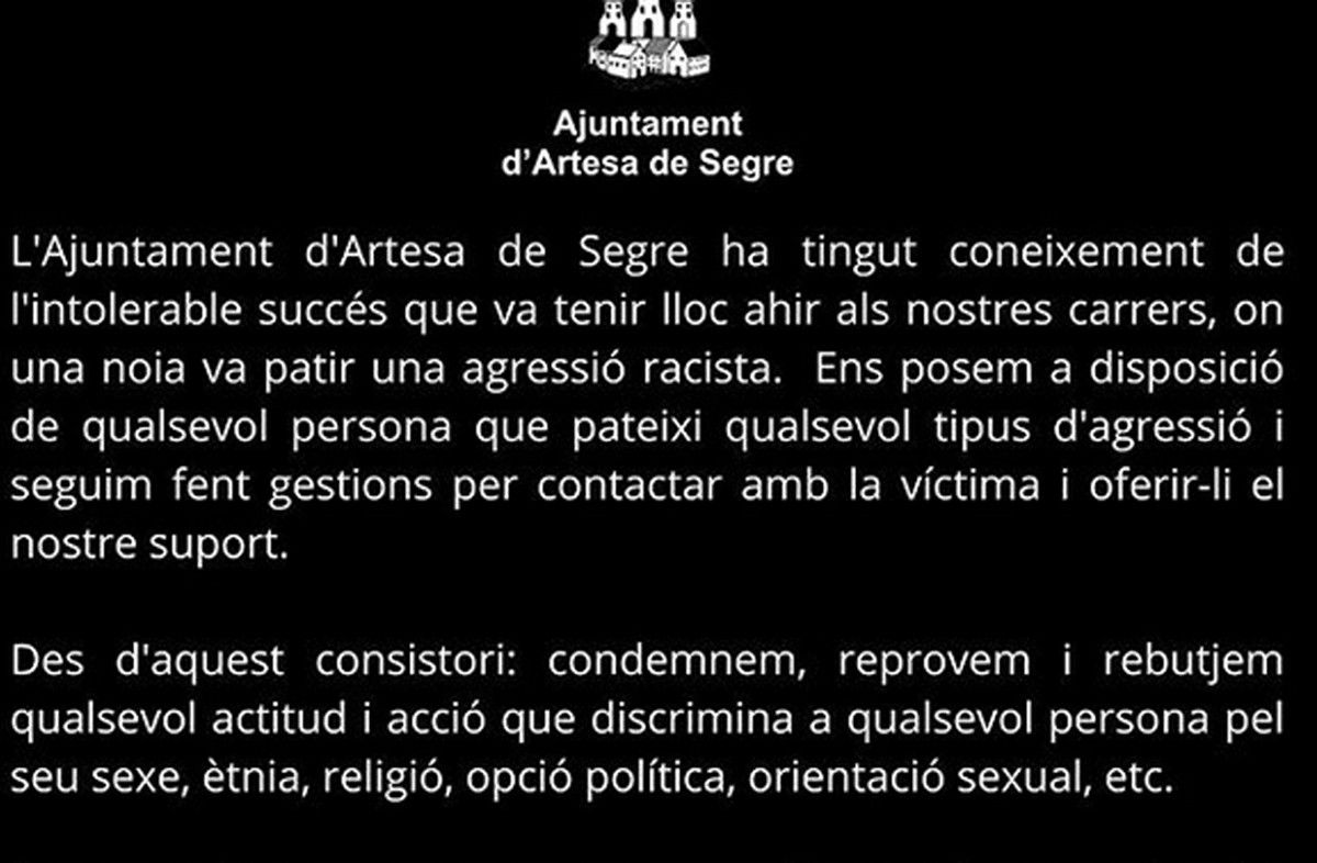 Post publicat a les xarxes per l'Ajuntament d'Artesa de Segre