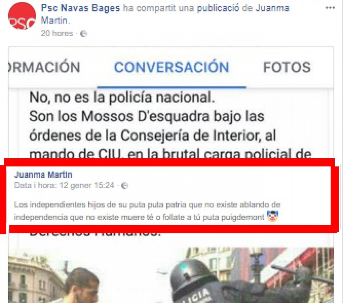Captura de pantalla del comentari compartit pel perfil de PSC Navàs.