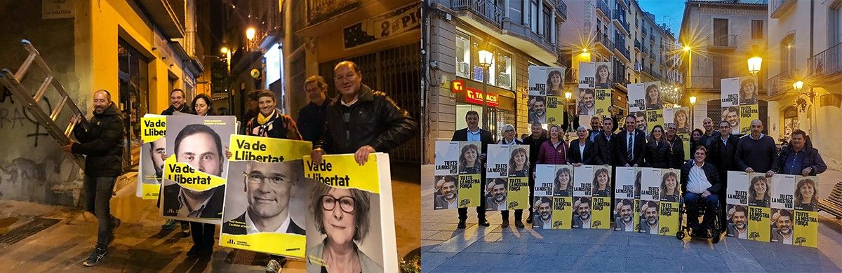 Membres d'ERC i de Junts per Catalunya sortint a encartellar a Manresa