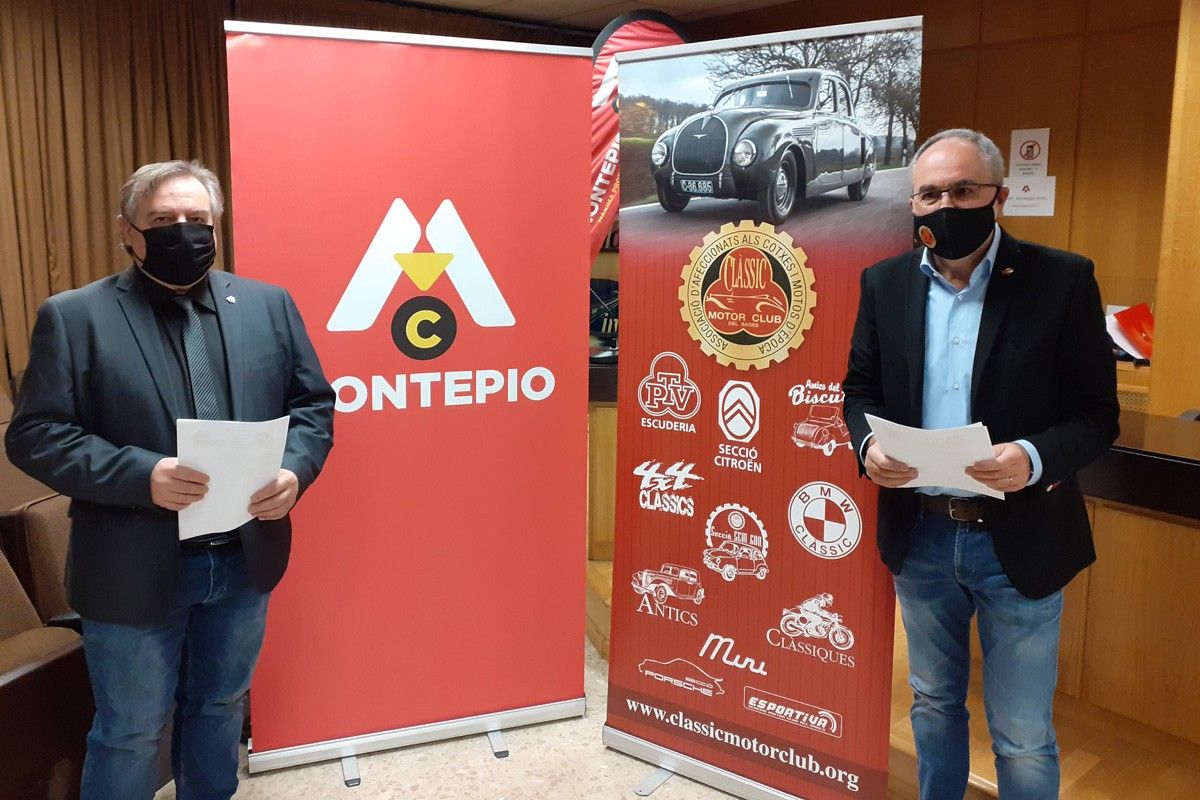 El president del Montepio, Llorenç Juanola, i el president del Clàssic Motor Club del Bages, Antoni Tachó