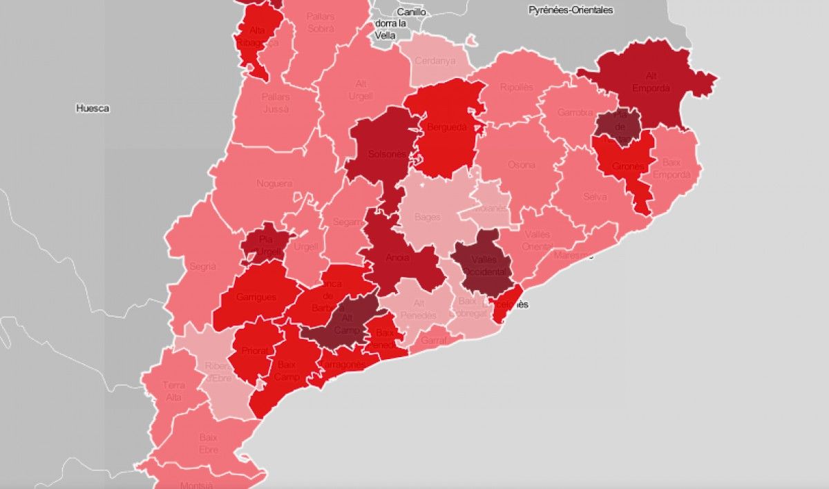Mapa comarcal de Catalunya, segons la intensitat de l'ensenyament com a problemàtica.