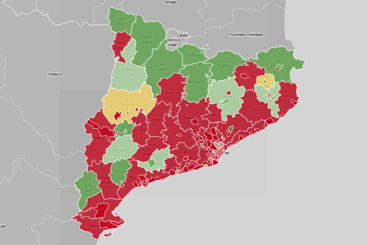Mapa de municipis i comarques, en funció de l'evolució del risc de rebrot.