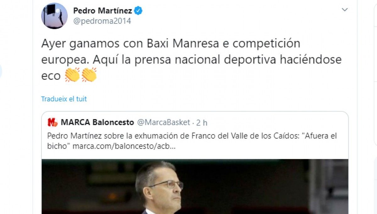 Piulada de Pedro Martínez ironitzant sobre la notícia del Marca