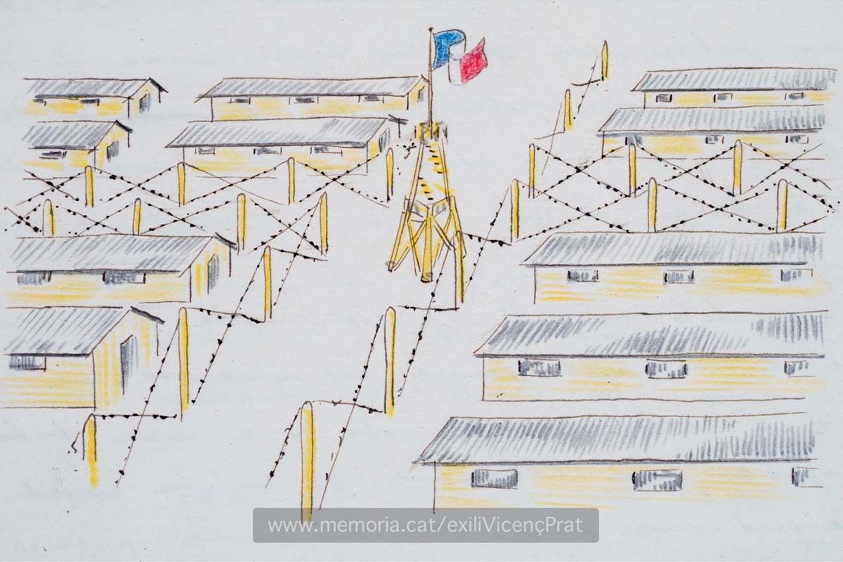 Barracons i filferrades dibuixats per Vicenç Prat, durant la seva estada al camp de refugiats de Bram