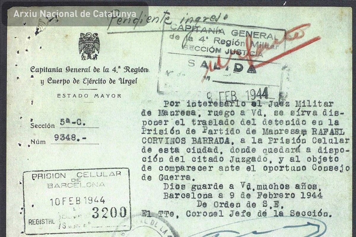 Ofici de Capitania en què s'ordena el trasllat de Rafael Corvinos des de la presó de Manresa fins a la Model