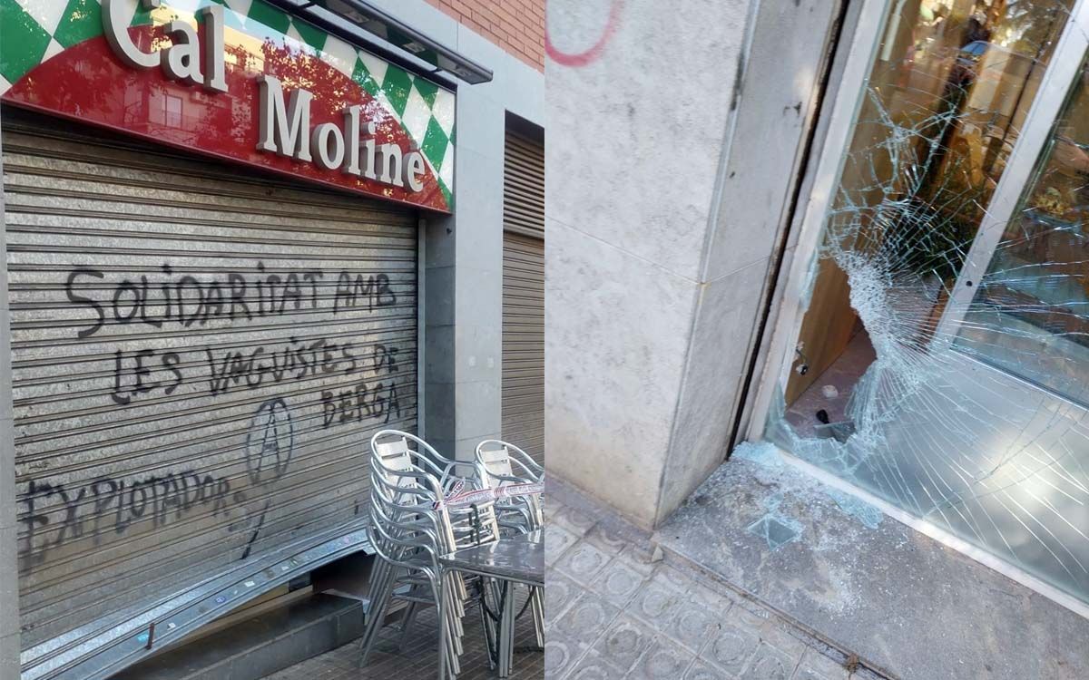 Cal Moliné dels Dolors, amb la persiana forçada i trencadissa a la botiga de la Font