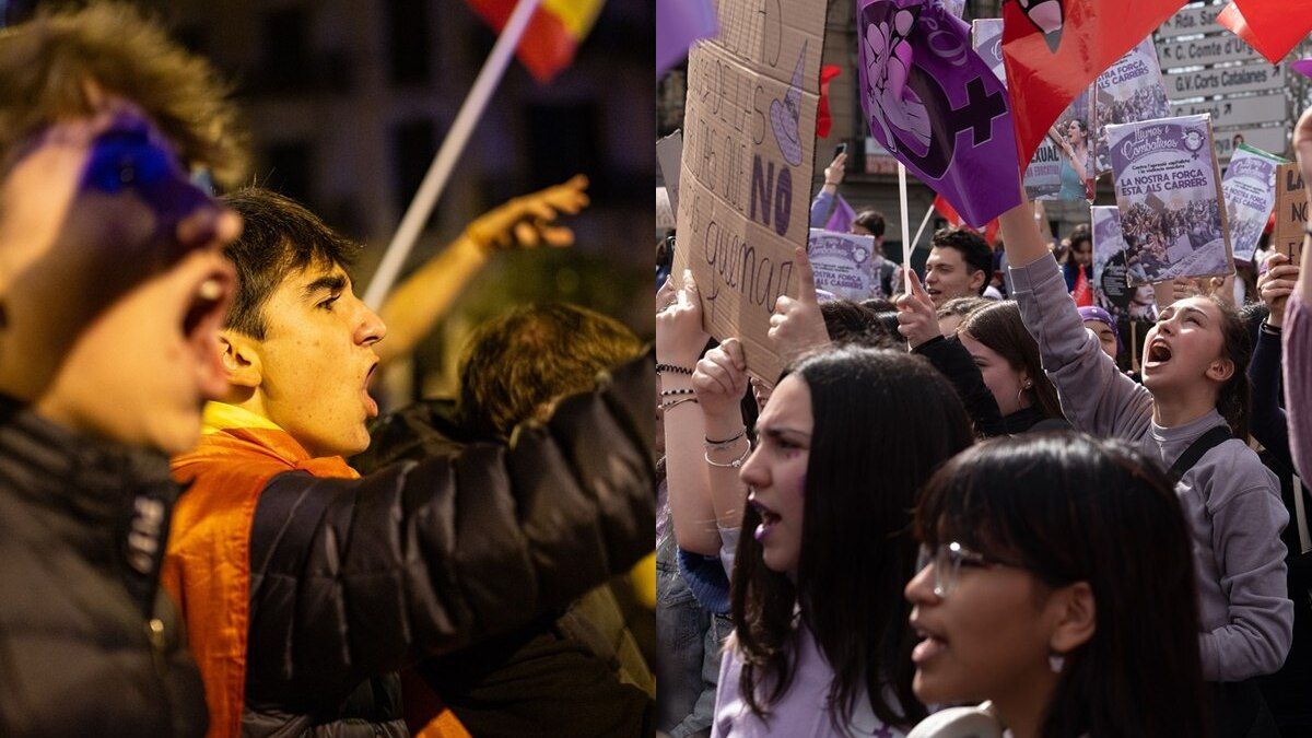 Joves en una manifestació d'extrema dreta i en una manifestació feminista