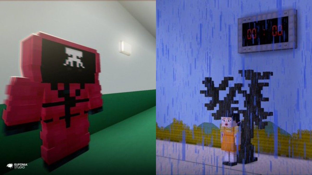 El guàrdia i la nina de «El Juego del Calamar», representats a Minecraft