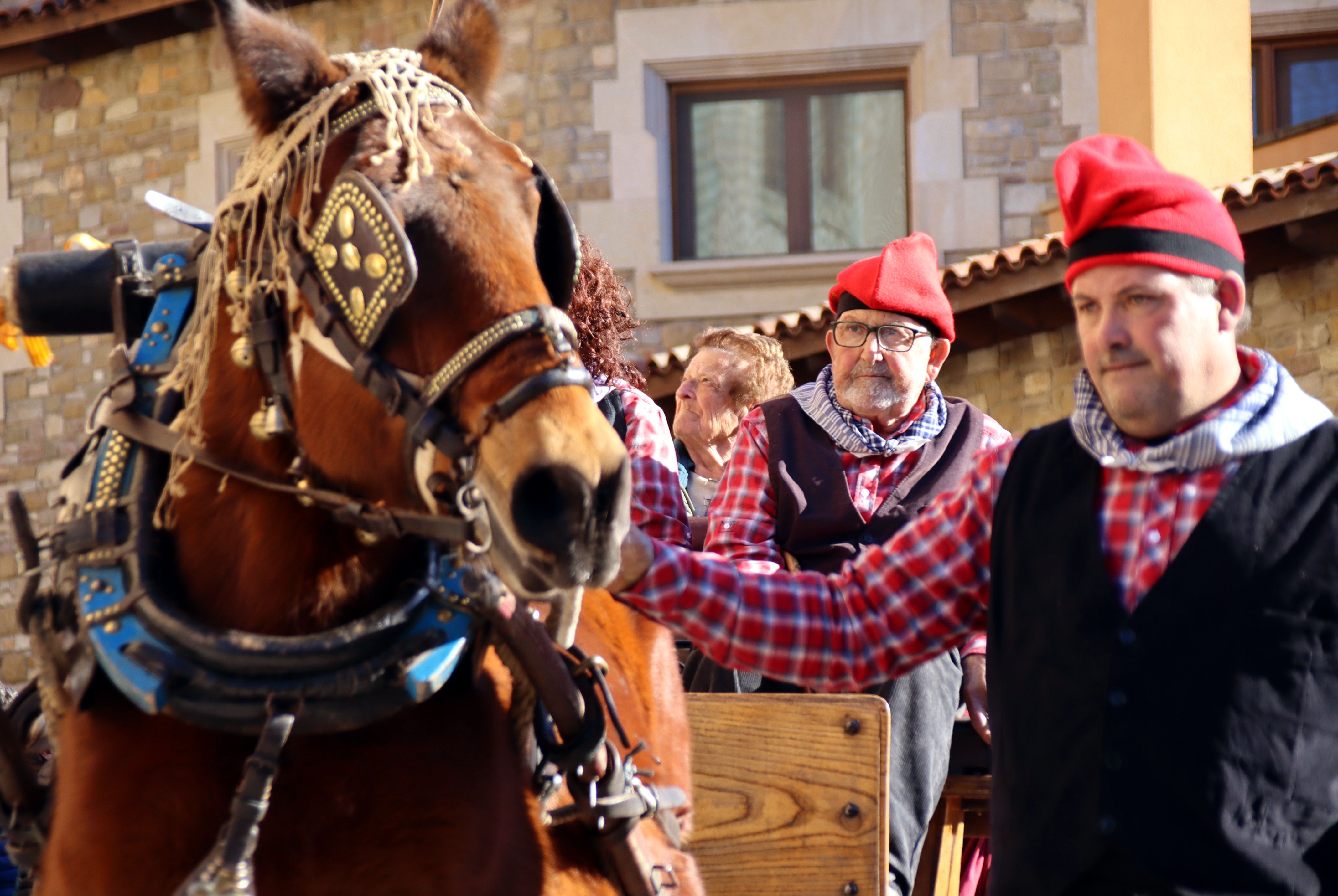 Un dels cavalls guarnit per a l'ocasió estiba d'un carro carregat amb persones als Tres Tombs de Taradell