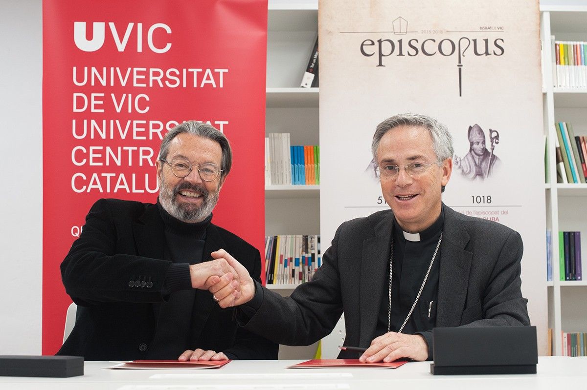 El rector de la UVic-UCC, Jordi Montaña, i el bisbe de Vic, Romà Casanova