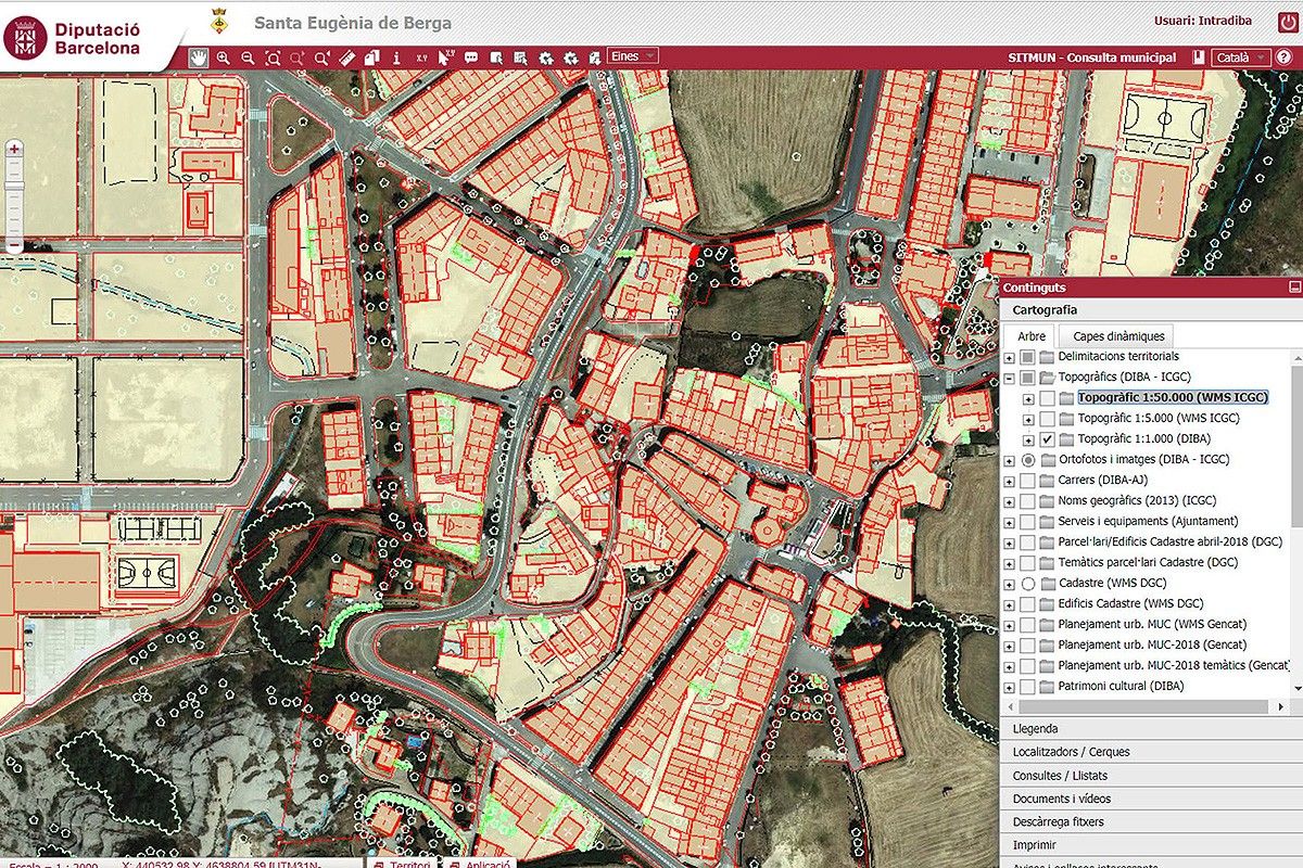 Detall de la cartografia topogràfica urbana escala 1:1000 de Santa Eugènia de Berga 