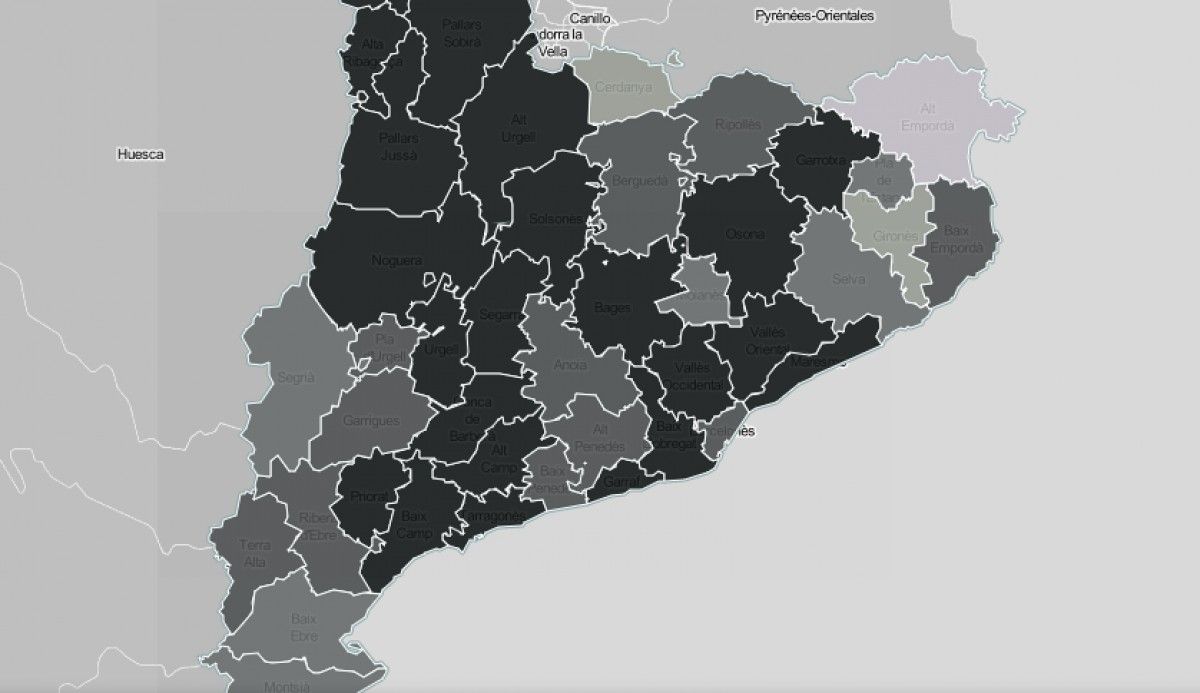 Mapa comarcal de Catalunya, segona la intensitat de les infraestructures com a problemàtica.