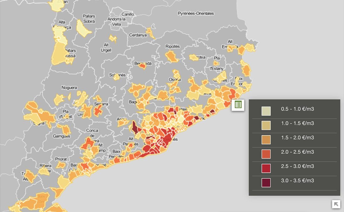 Mapa comparant els preus de l'aigua a Catalunya